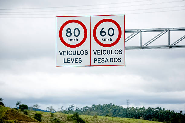 Placas de sinalização com diferentes limites de velocidade para veículos leves (80 km/h) e veículos pesados ​​(60 km/h) em rodovias brasileiras. Ideal para questões de trânsito, segurança viária e transporte.